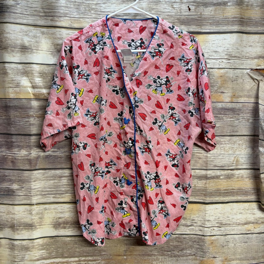 Vintage Mickey & Co Disney Pajama Top Red Hearts Mickey Mouse Buttons Large